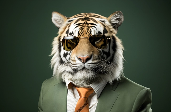 Portrait of tiger with sunglasses wearing suit and tie on solid green background.