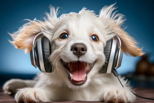 Cute doggie with headphones listening to music. Happy pet concept.