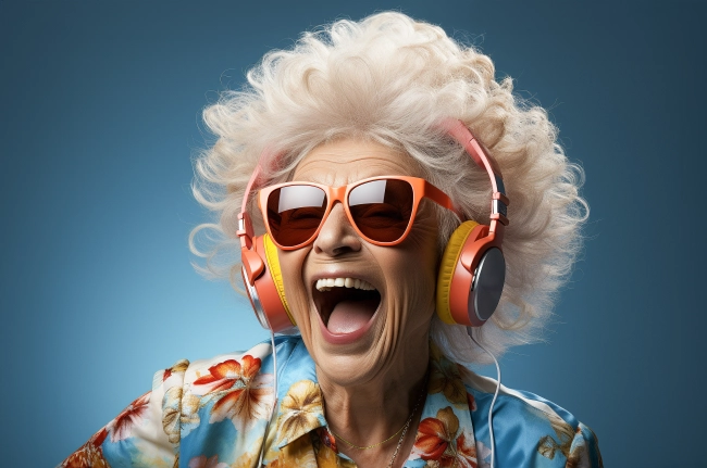 Fancy awesome senior old woman wearing sunglasses listening to her favourite music through big headphones isolated on solid background.