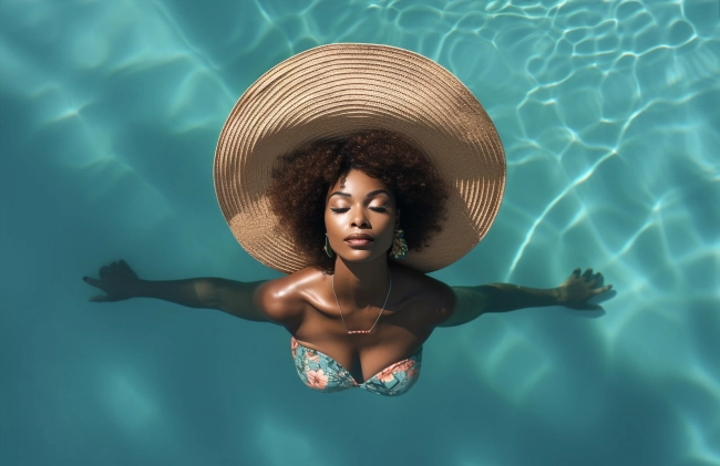 Young black woman wearing straw hat relaxing at spa pool - Beautiful woman relaxing in outdoor spa swimming pool - Top view of attractive girl enjoy vacation at resort.