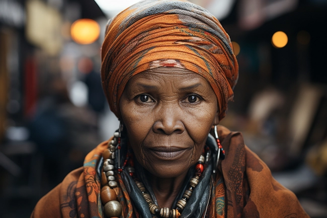 Close up portrait of African old woman wearing typical clothes look straight to camera in small village.