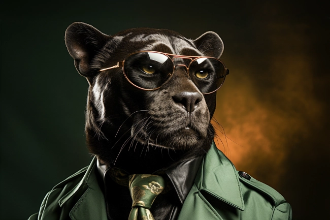 Portrait of black panther with sunglasses wearing suit and tie on solid background.