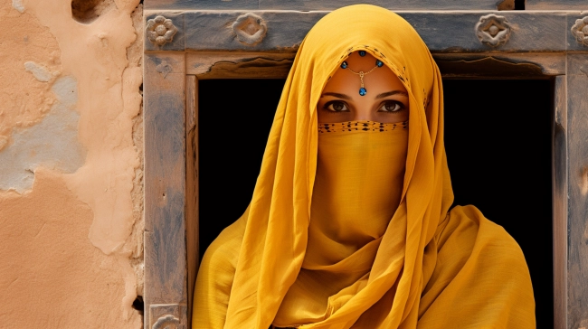 Tradition and cultural diversity in a portrait of a woman in yellow