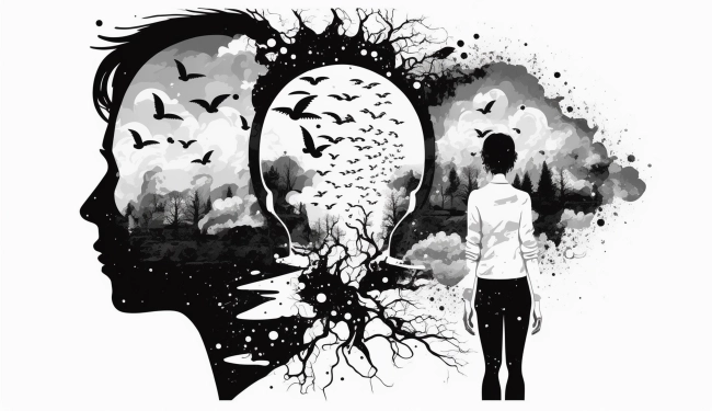 Hypnotical power of unique perspective, midblowing black and white ai illustration