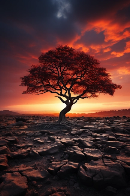 Sunset on a tree during the drought