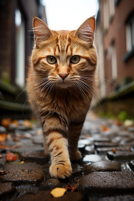 A cat walking on a cobblestone street