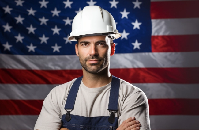 Professional Construction Worker Wearing Safety Vest and Hard Hat against USA Flag - Labor Day Concept