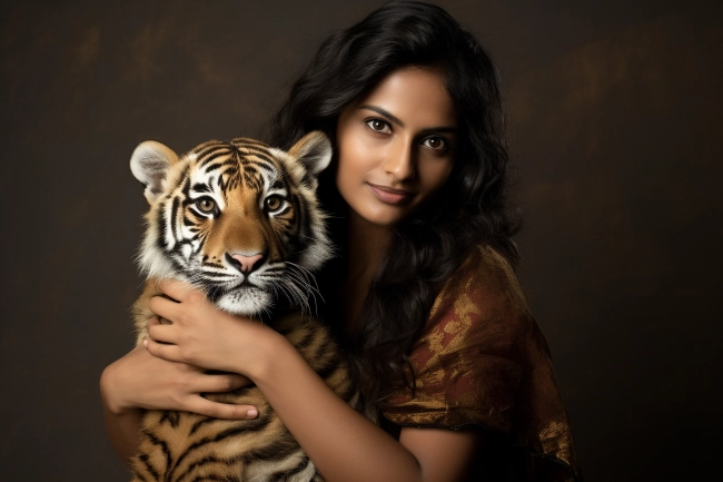 Indian woman hugging tiger cub. Preserve endangered animal. World animal day.