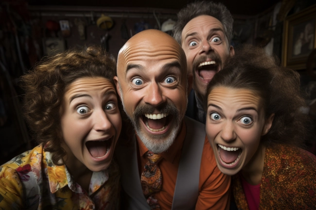 Surprised group of people keeping mouth open looking at camera. Portrait of cheerful people screaming inside escape room game.