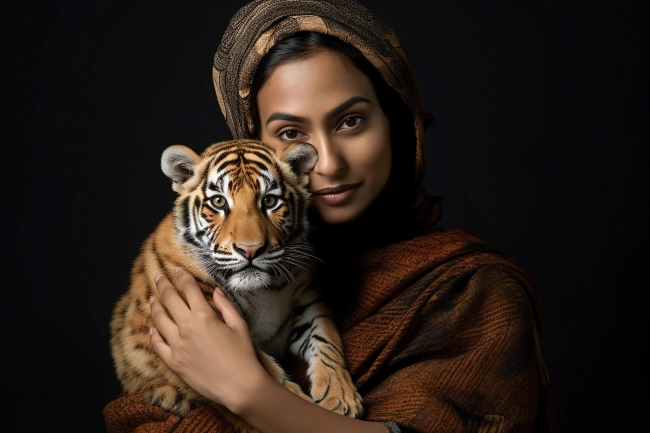 Indian woman hugging tiger cub. Preserve endangered animal. World animal day.