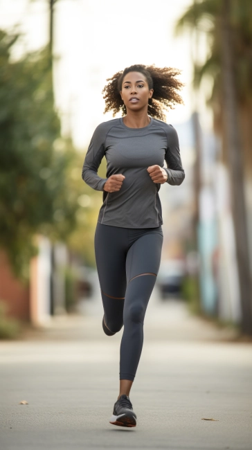 Young African American woman runner wearing light grey sportswear running on city street at sunset - Fitness, people and healthy lifestyle - Vertical Aspect Ratio 9:16 for Social Media Reels, Live and Stories