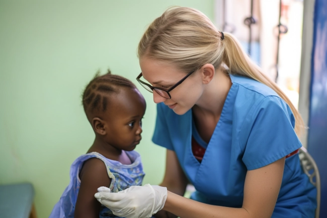 Female pediatrician preparing arm of a small girl for vaccination - Caucasian female doctor disinfecting little girl arm with cotton wool