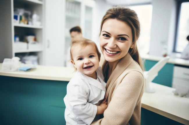 Mother holding her small daughter at hospital reception desk - Mom and daughter get out from the hospital - Celebrate good medical healthcare treatment result