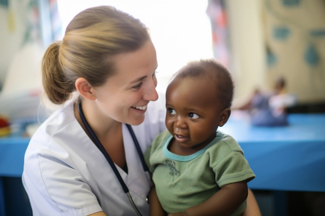 Female Caucasian doctor holding little African black girl