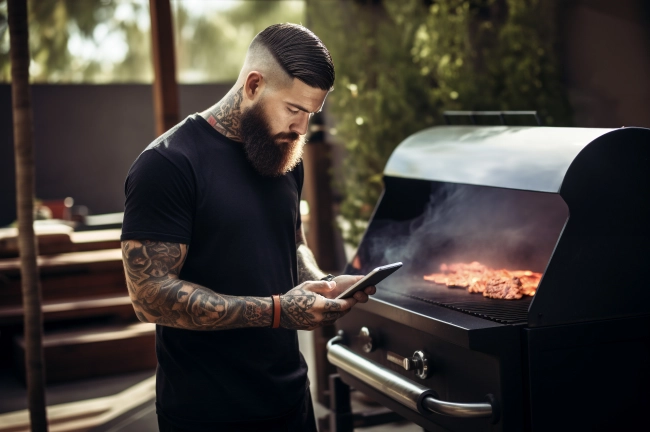 Young tattooed chef in uniform controlling grill with smartphone app - Young chef cooks on the grill -