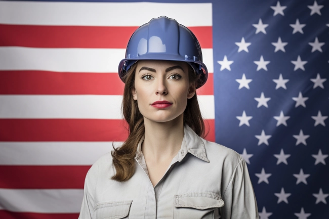 Professional Woman Engineer or Construction Industry Worker Wearing Safety Helmet Standing against USA Flag