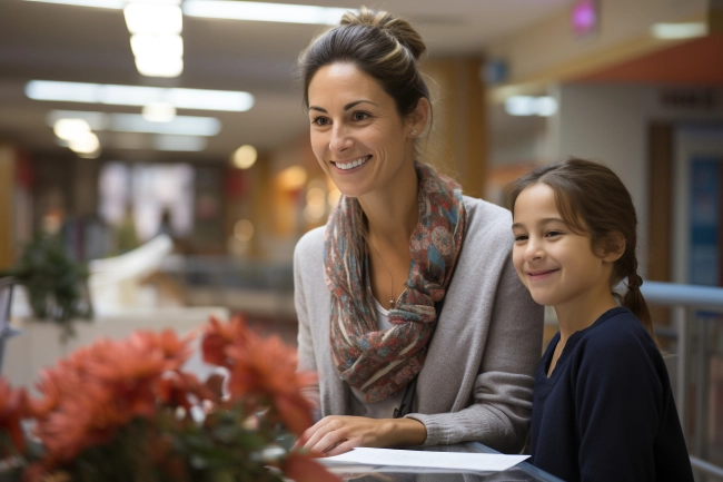 Mother with her daughter while filling medical paperwork at reception desk in the hospital