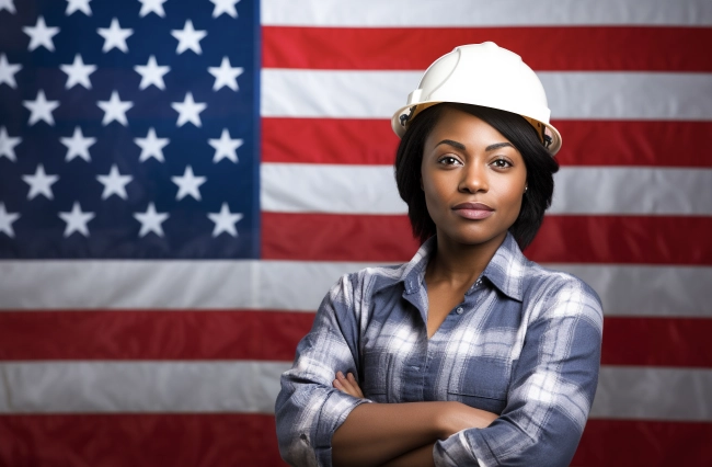 Professional Black Woman Engineer or Construction Industry Worker Wearing Safety Helmet Standing against USA Flag - Labor Day Concept