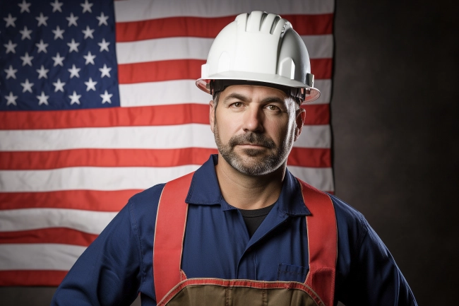 Professional Midle Age Construction Worker Wearing Safety Helmet against US Flag - Labor Day Concept