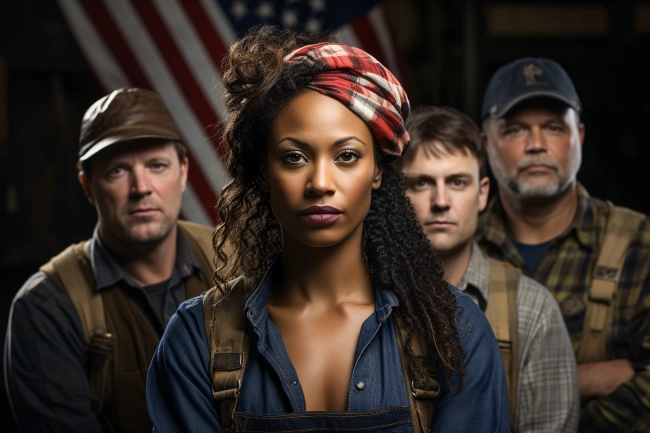 Multi Ethnic Group of Workers Standing Together against US Flag - Labor Day Concept