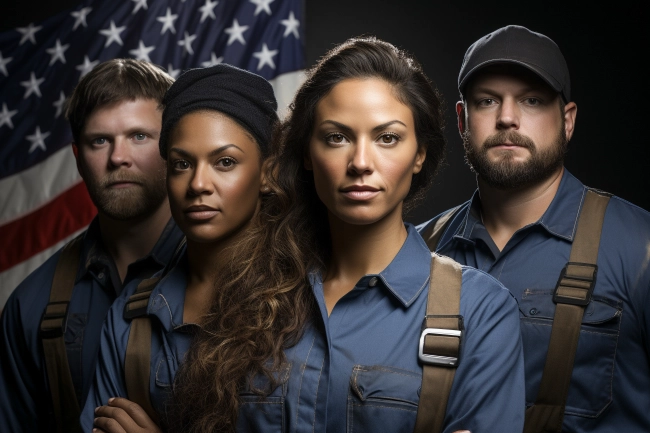 Multi Ethnic Group of Workers Standing Together against US Flag - Labor Day Concept