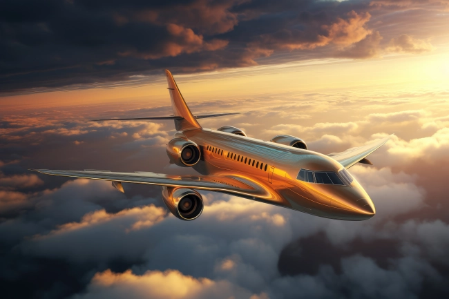 Luxurious golden private jet flying