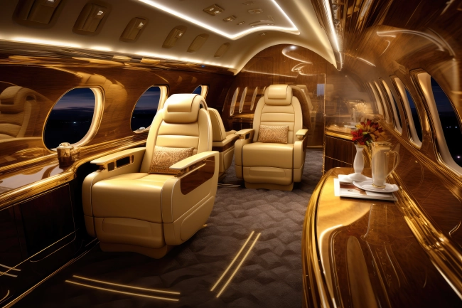 Luxurious golden private jet interior