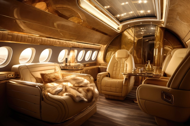 Luxurious golden private jet interior
