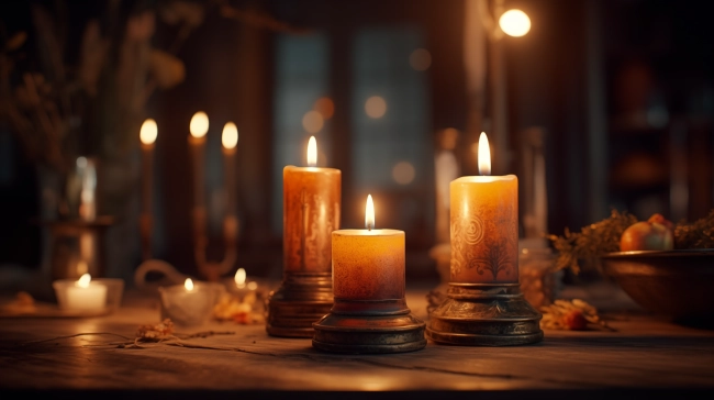 Three lit candles on antique stands