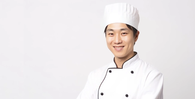 Portrait of a smiling Japanese young chef in uniform. A chef, an itamae or master sushi chef wearing white jacket and hat isolated on white background with large blank copy space.