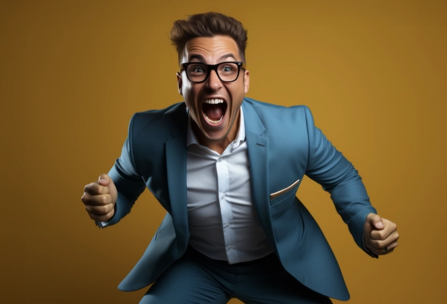 Excited businessman celebrating success keeping mouth open spreading hands isolated on solid color background studio portrait.