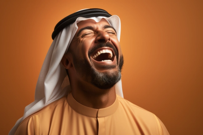 Portrait of happy Saudi young man smiling opening his mouth with joy standing over yellow orange background.