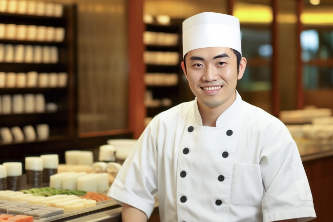 Portrait of a smiling Japanese chef in uniform. A chef, an itamae or master sushi chef wearing white jacket in the kitchen.