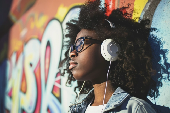 Portrait of a black stylish thoughtful teen standing over multicolored graffiti wall, listening to music with headphones. Urban city lifestyle.