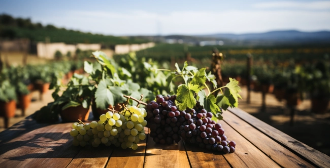 Wine grapes on wooden table and blurred autumn vineyards background.  Natural template with beauty bokeh and warm sunlight. Concept banner for products display.