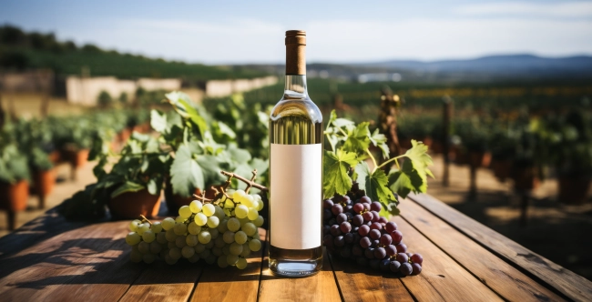 Wine bottle with blank label and grapes on wooden table and blurred autumn vineyards background. Easily apply your custom design on the label. Natural template with beauty bokeh and warm sunlight. Concept banner for products display.