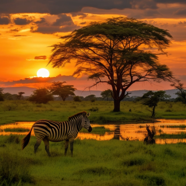 Africa Sunset Plains Zebra Equus Quagga in The Grass