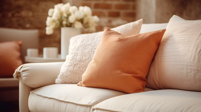 Textural Elegance: Close-up of Fabric Sofa in White and Terra Cotta Tones