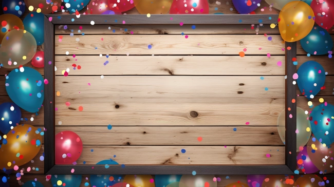 Whimsical Carnival Décor: Wooden Frame Surrounded by Vibrant Party Balloons