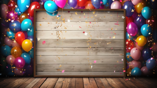 Colorful Carnival Vibes: Wooden Frame Amidst Party Balloons for Festive Joy