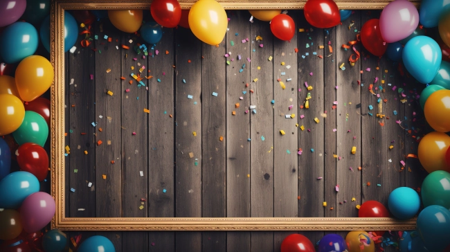 Colorful Carnival Vibes: Wooden Frame Amidst Party Balloons for Festive Joy