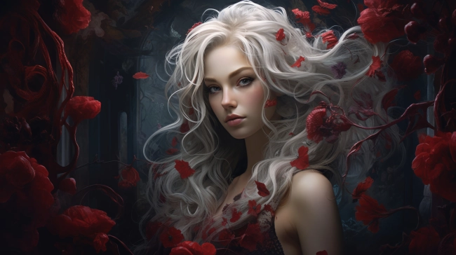 Beautiful young woman with long white hair and red flowers petals