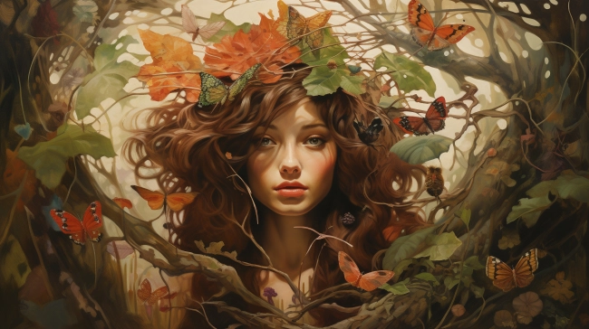 Beautiful young woman in a wreath of autumn leaves with butterflies
