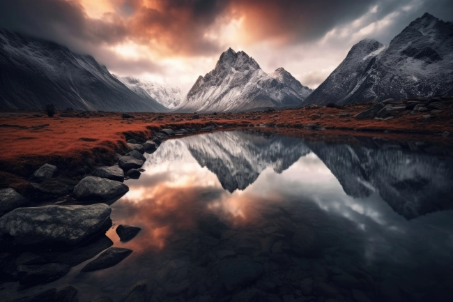 Snowy mountains reflecting in a glacial lake