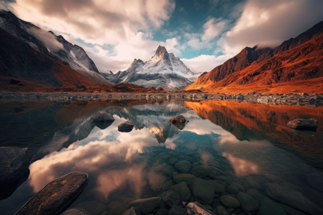 Snowy mountains reflecting in a glacial lake