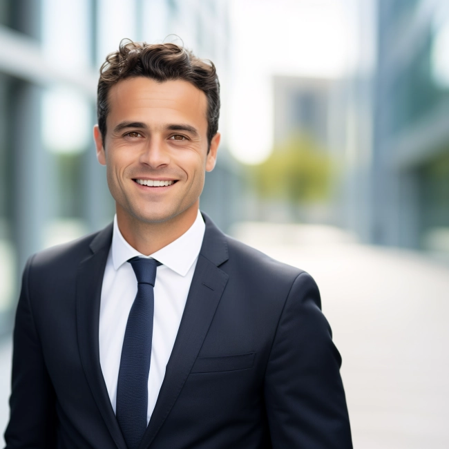 Portrait of happy smiling young businessman in suit, outdoors.