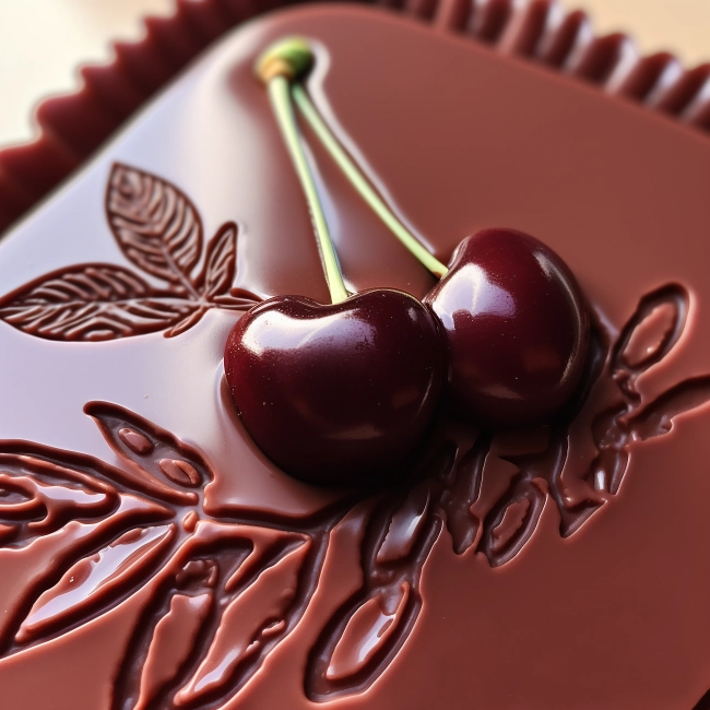 Chocolate cake with cherries, close-up, top view
