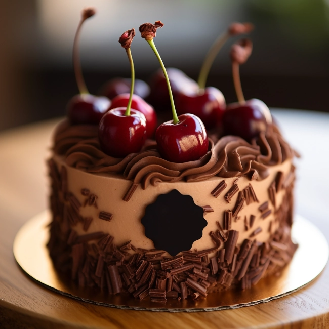 Chocolate cake with cherries on a wooden background.