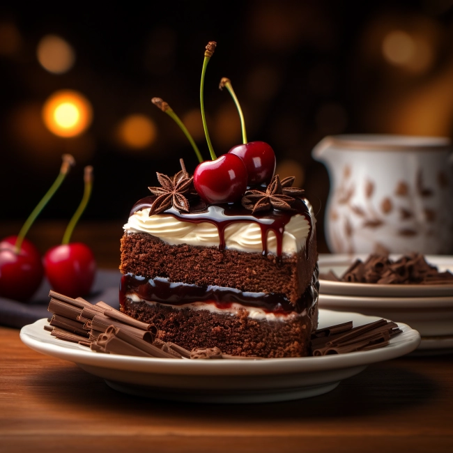 Chocolate cake with whipped cream and cherries on a wooden background