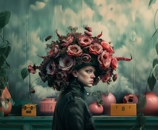 Woman wearing hat made of flowers